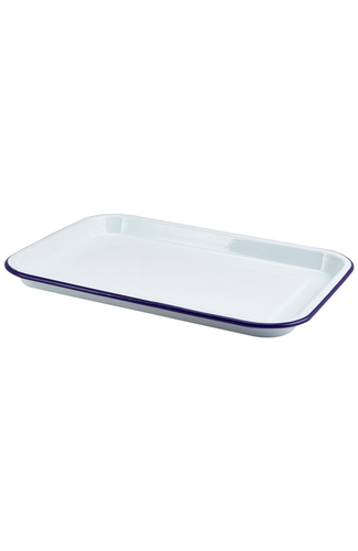 Enamel Serving Tray White with Blue Rim 33.5x23.5x2.2cm