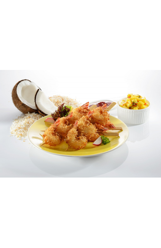 Three pieces of tail on coconut coated prawns on a bamboo skewer